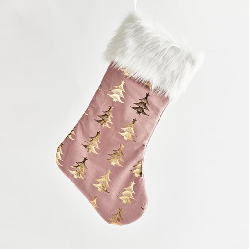 [600-44175] CALCETÍN ROSA CON ÁRBOLES DORADOS, TERCIOPELO, 48 cm