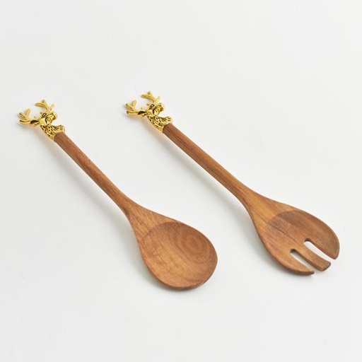 [600-44335] CUCHARA DE MADERA DE ACACIA, CON CIERVO DORADO, JUEGO DE 2 PIEZAS