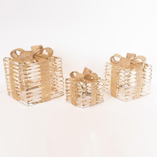 [600-44344] REGALOS ILUMINADOS 15-20-25cm, CAJA DE PILAS, TEMPORIZADOR, ORO BRILLANTE, LED BLANCO CÁLIDO, IP20