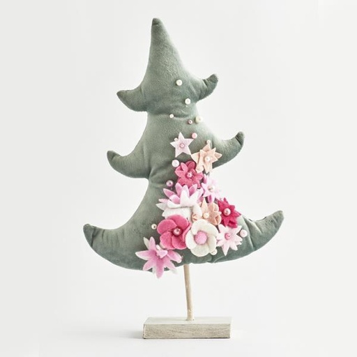 [600-44483] ÁRBOL DE TERCIOPELO, VERDE CON FLORES ROSAS, 22,5x35cm