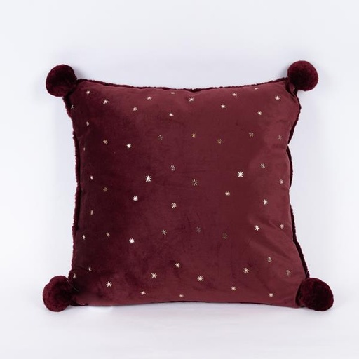 [600-46033] ALMOHADA DE TERCIOPELO BORGOÑA CON ESTRELLAS DORADAS, 45x45cm