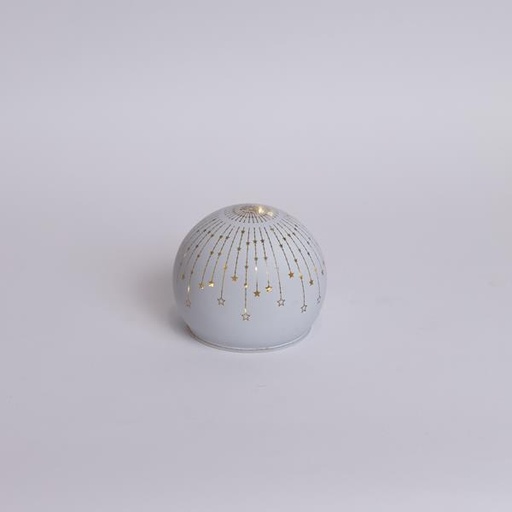[600-46067] BOLA DECORATIVA DE CRISTAL ILUMINADA, BLANCA MATE, CON ESTRELLAS, 10 cm