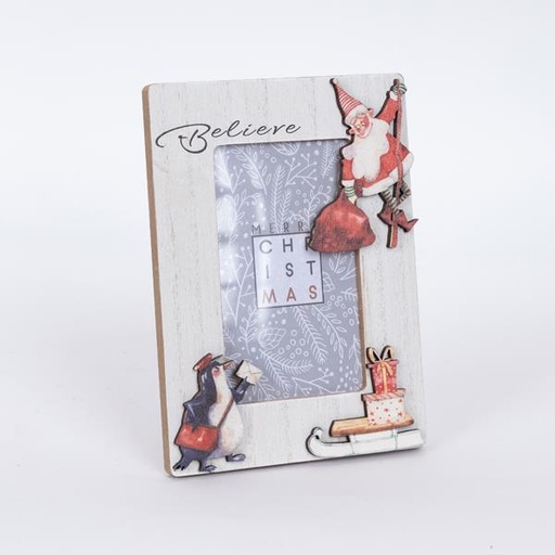 [600-46082] MARCO DECORATIVO CON PAPÁ NOEL Y PINGÜINO, BLANCO, 1,2x13x18cm