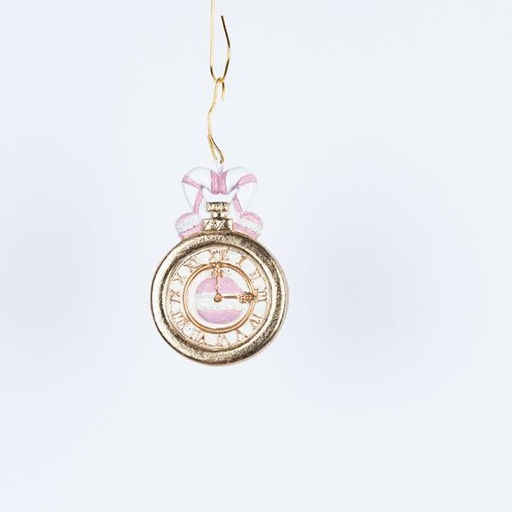 [600-46254] ADORNO COLGANTE DE POLIRESINA, RELOJ CON CARAMELO, DORADO, 5x6,5cm