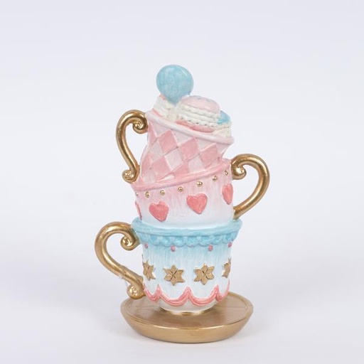 [600-46272] TAZAS DE TÉ DECORATIVAS DE POLIRESINA CON MACARONS, ROSA, 9x11,5x18cm
