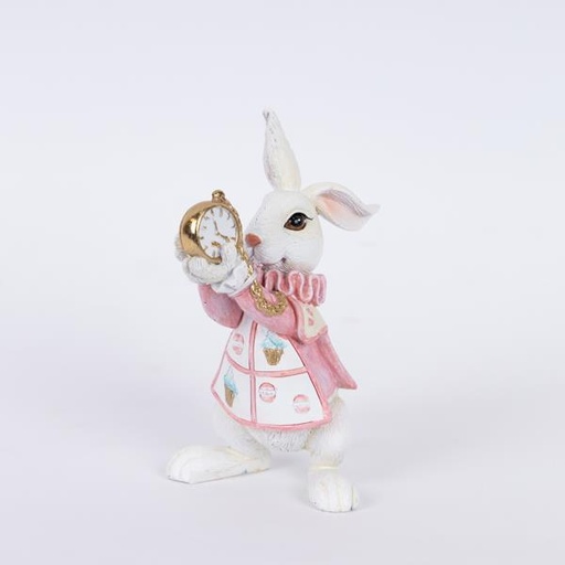 [600-46273] RATÓN DECORATIVO DE POLIRESINA, ROSA CON RELOJ DORADO, 7,5x9,5x13cm