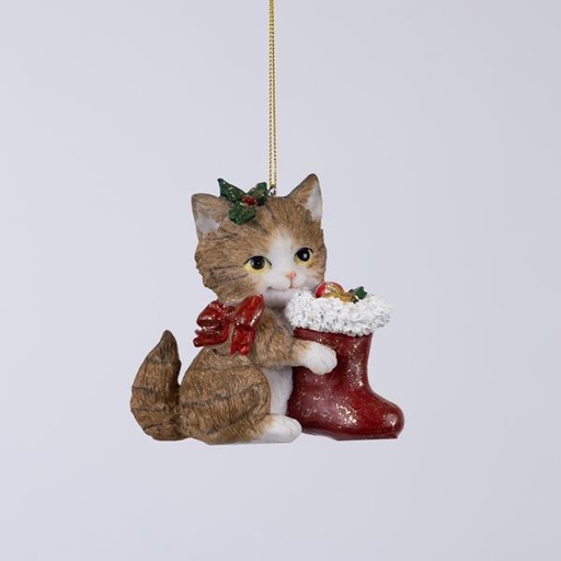 [600-46336] ADORNO COLGANTE DE POLIRESINA, GATITO CON LAZO ROJO, 10,5x5,5x10,5cm