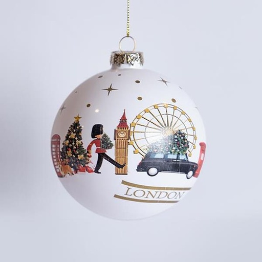 [600-46351] BOLA DE CRISTAL, BLANCA CON DISEÑO DE ESCENA LONDRES, 4 PIEZAS, 10 cm