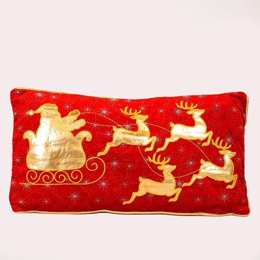 [600-46653] ALMOHADA ROJA CON ESCENA DORADA TRINEO Y PAPÁ NOEL, 33CM