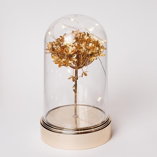 [600-46656] CÚPULA DE PLÁSTICO H20CM, Φ11CM, CAJA DE PILAS 3XAA, TEMPORIZADOR, 10 LED BLANCO CÁLIDO, ALAMBRE DE COBRE PLATEADO, HORTENSIA FLOR DORADA, IP20
