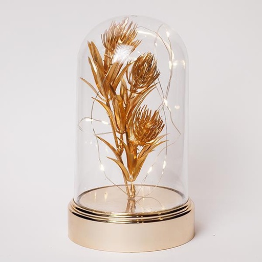 [600-46657] CÚPULA DE PLÁSTICO H20CM, Φ11CM, CAJA DE PILAS 3XAA, TEMPORIZADOR, 10 LED BLANCO CÁLIDO, ALAMBRE DE COBRE PLATEADO, FLOR DORADA CON HOJAS, IP20