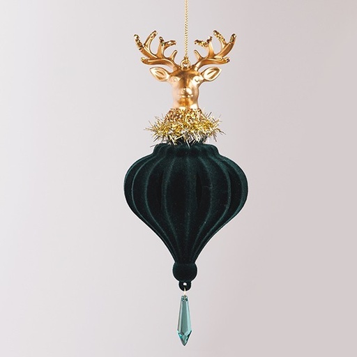 [600-46658] ADORNO COLGANTE, TERCIOPELO, VERDE ESMERALDA CON CIERVO DORADO, 19,56 CM