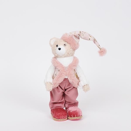 [600-46714] OSO DE PELUCHE CON ROPA ROSA BORGOÑA Y SOMBRERO, 24 CM