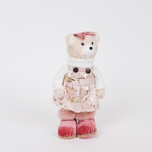 [600-46715] OSO DE PELUCHE CON ROPA ROSA BORGOÑA Y LAZO, 23CM