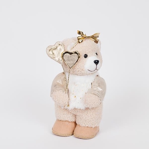 [600-46717] OSO DE PELUCHE CON ROPA Y LAZO COLOR CHAMPÁN, 31 CM