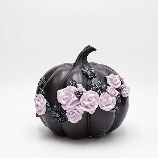 [600-46754] CALABAZA DE POLIRESINA, NEGRA, CON ROSAS ROSADAS, HALLOWEEN, 21X21,5X18,8CM
