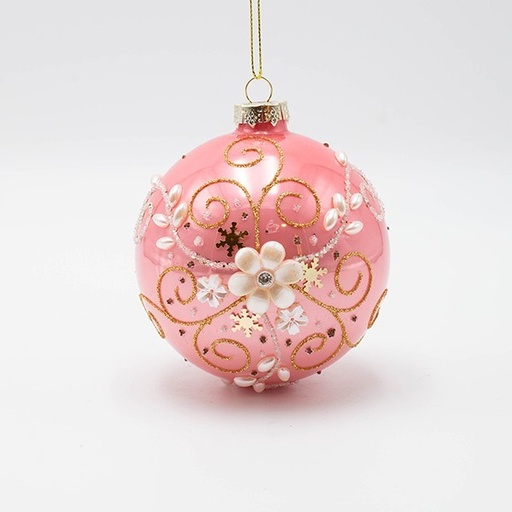 [600-46768] BOLA DE CRISTAL, ROSA CON FLOR DE PERLA BLANCA, SET DE 4 PIEZAS, 10 CM