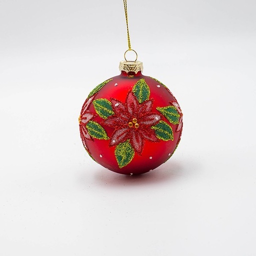 [600-46769] BOLA DE CRISTAL, ROJA CON FLOR DE POINSETTI, SET DE 4 PIEZAS, 8 CM
