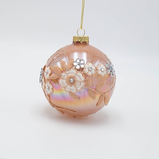 [600-46773] BOLA DE CRISTAL, ROSA CÁLIDO CON BORDADO, SET DE 4 PIEZAS, 10 CM