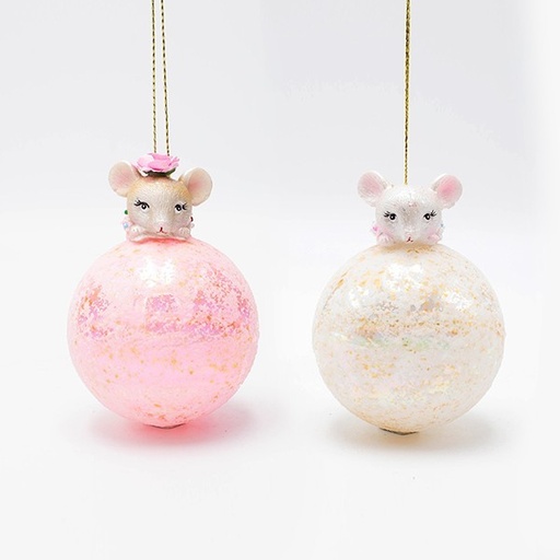 [600-46776] BOLA DE CRISTAL, ROSA Y BLANCA CON RATÓN, 2 DISEÑOS, 11CM