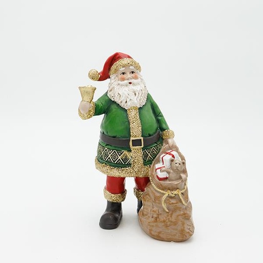 [600-46840] PAPÁ NOEL DE POLIRESINA, VERDE CON CAMPANA, 13X19CM