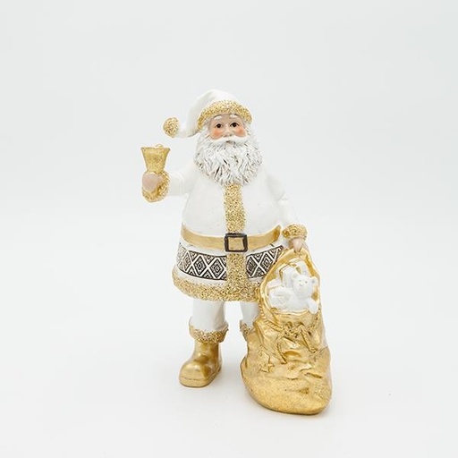 [600-46851] PAPÁ NOEL DE POLIRESINA, ORO BLANCO, CON CAMPANA, 13X19CM