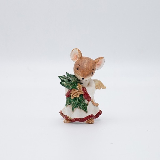 [600-46912] FIGURA DECORATIVA DE POLIRRESINA, RATÓN CON MUÉRDAGO, 6 X 9 CM.