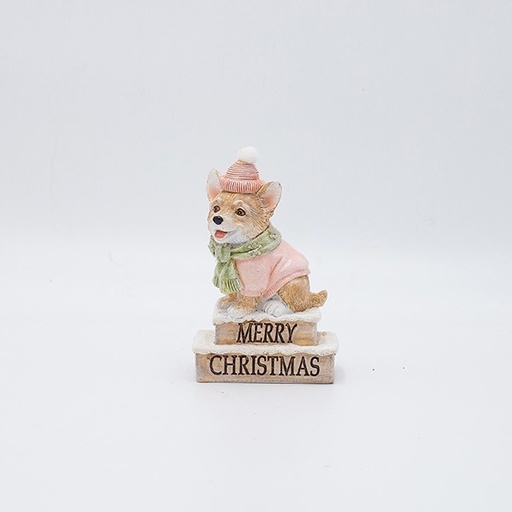 [600-46943] FIGURA DECORATIVA DE POLIRRESINA, PERRO CON GORRO ROSA, 7,5 X 11,5 CM.