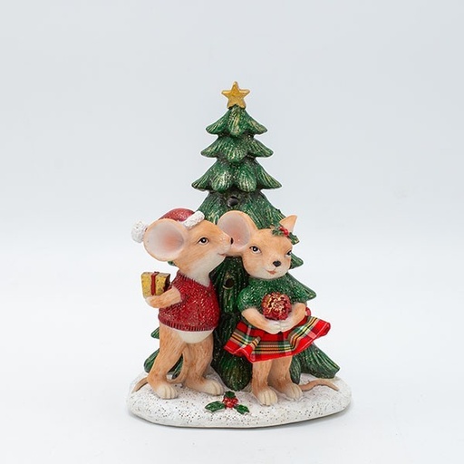 [600-46964] FIGURA DECORATIVA DE POLIRRESINA, PAREJA DE RATONES CON ÁRBOL, ILUMINADA, 11 X 16 CM.