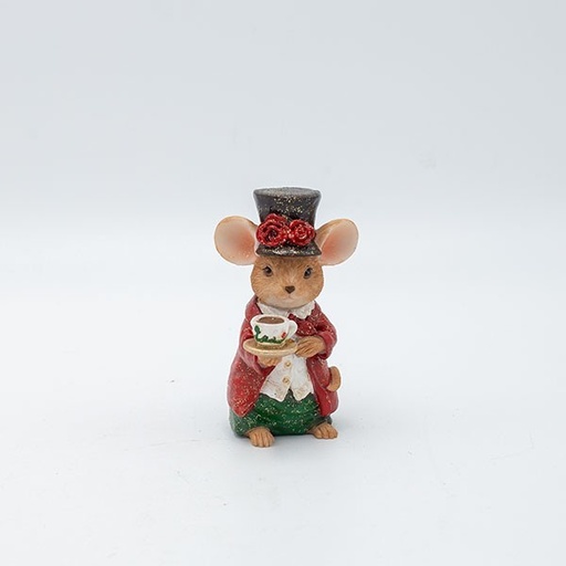 [600-46966] RATÓN VINTAGE CON TAZA DE TÉ, DECORACIÓN DE POLIRESINA, 6,5 X 10 CM