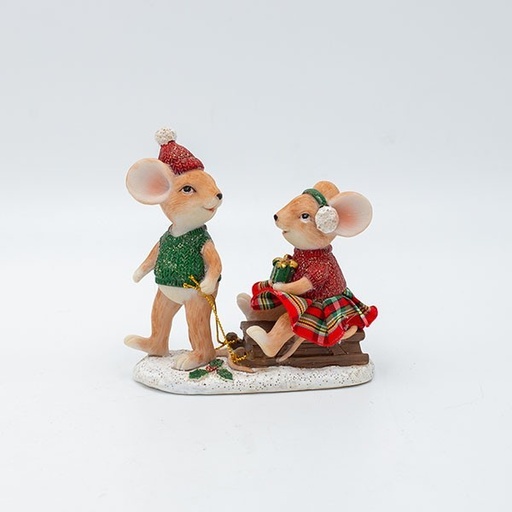 [600-46968] FIGURA DECORATIVA DE POLIRRESINA, RATONES EN TRINEO, 11 X 11 CM.