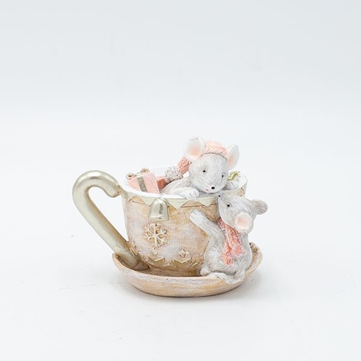 [600-46970] DECORATIVO DE POLIRESINA, RATONES EN TAZA DE TÉ, ROSA CLARO, ΑΠΑΛΟ ΡΟΖ, 10X8CM