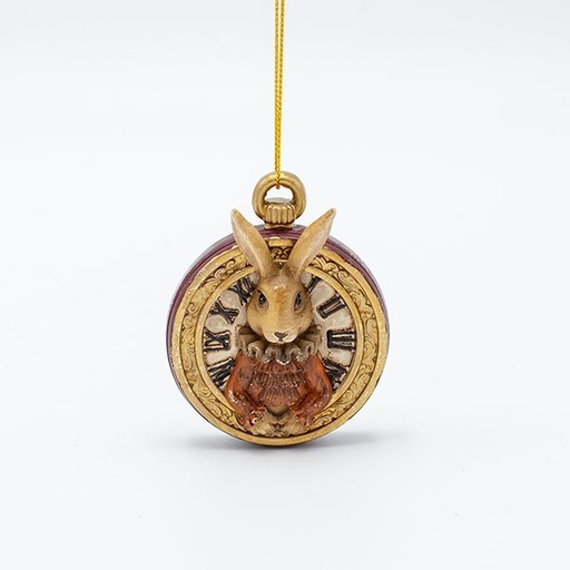 [600-46973] ADORNO COLGANTE DE POLIRESINA, RELOJ CON CONEJO VINTAGE, DORADO, 5,5X7CM