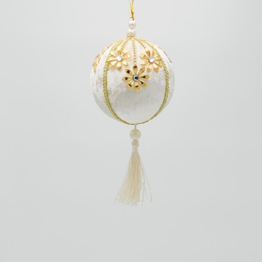 [600-46982] BOLA DE TERCIOPELO, BEIGE, CON FLORES Y BORLA, 10CM