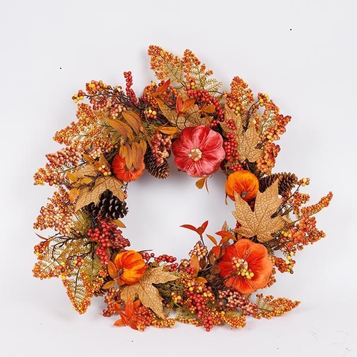 [600-46995] CORONA CON HOJAS DE ARCE Y CALABAZAS DE TERCIOPELO NARANJA, 60 CM