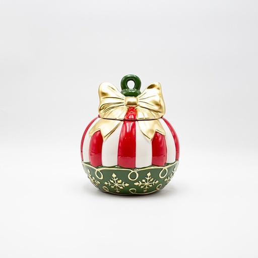 [600-47031] TARRO DE GALLETAS, BOLA DE DULCES NAVIDEÑOS CON LAZO DORADO, DECORATIVO, 18,5X21,5CM
