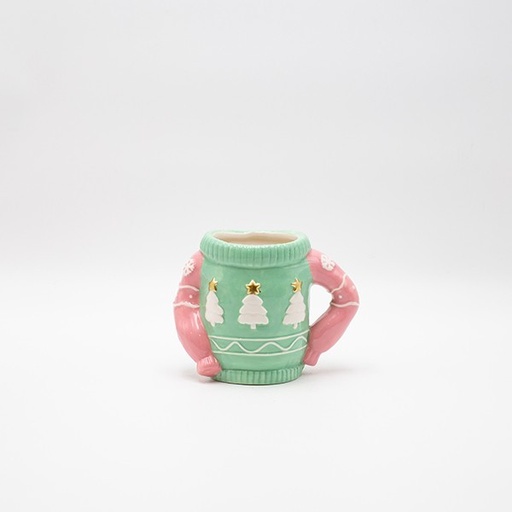 [600-47034] TAZA, SUÉTER, MENTA CON ÁRBOLES DORADOS, DECORATIVA, 15,5X12,2CM