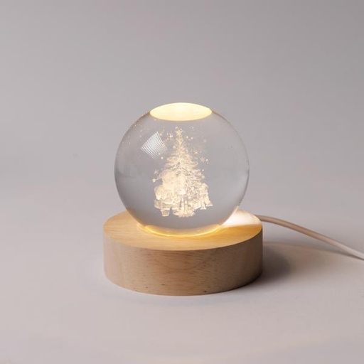 [600-47055] BOLA ILUMINADA DE 6 CM, DISEÑO NAVIDEÑO, PAPÁ NOEL CON ÁRBOL DE NAVIDAD, USB, 6 LED SMD BLANCO CÁLIDO, BASE DE 7 CM, CABLE DE 70 CM, IP20
