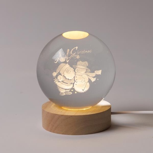 [600-47064] BOLA ILUMINADA DE 8 CM, DISEÑO NAVIDEÑO, MUÑECO DE NIEVE CON PAPÁ NOEL, USB, 6 LED SMD BLANCO CÁLIDO, BASE DE 7 CM, CABLE DE 70 CM, IP20