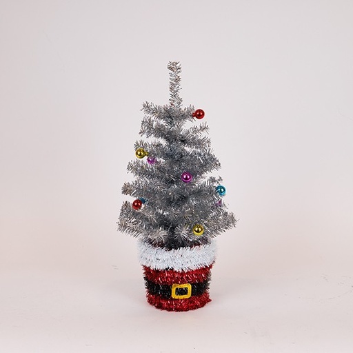 [600-47072] ÁRBOL DE NAVIDAD DECORADO CON BASE DE PAPÁ NOEL, PLATEADO, 45CM
