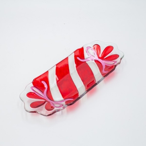 [600-47143] PLATO DE DULCES RECTANGULAR, PLATEADO ROJO, VIDRIO DECORATIVO, 12X31CM