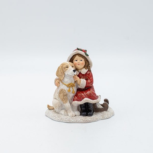 [600-47250] FIGURA DECORATIVA DE POLIRRESINA, NIÑA CON PERRO, COLOR ROJO, 10 X 10 CM.
