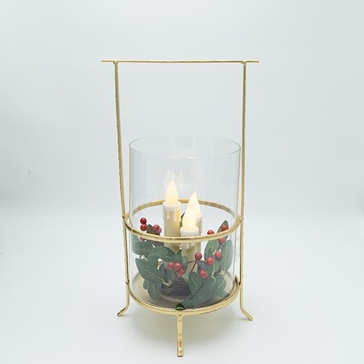 [600-47319] LINTERNA DE METAL CON DETALLES DORADOS Y 3 VELAS, 20X17X37CM