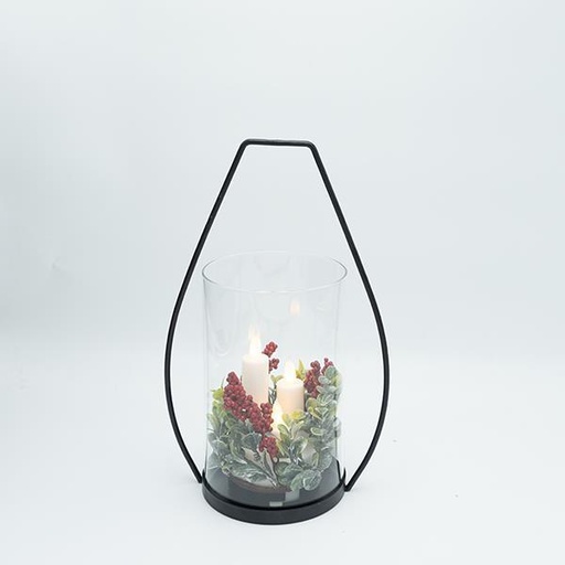 [600-47321] LINTERNA DE METAL NEGRA CON 3 VELAS, 19X30CM