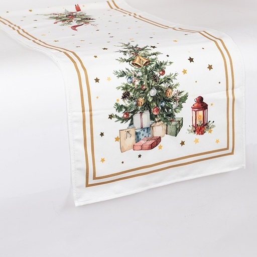 [600-47393] CAMINO DE MESA, BLANCO CON ÁRBOL DE NAVIDAD, 40X140CM