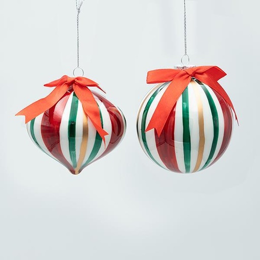 [600-47445] BOLA DE CRISTAL, VERDE CARAMELO, ROJO, DORADO CON LAZO, 2 DISEÑOS, SET DE 4 PIEZAS, 10 CM