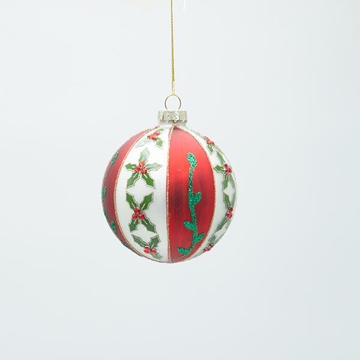 [600-47451] BOLA DE CRISTAL BLANCA CON ESTAMPADO DE ROJO Y MUÉRDAGO, JUEGO DE 4 PIEZAS, 8 CM