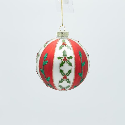 [600-47452] BOLA DE CRISTAL BLANCA CON ESTAMPADO DE ROJO Y MUÉRDAGO, JUEGO DE 4 PIEZAS, 10 CM