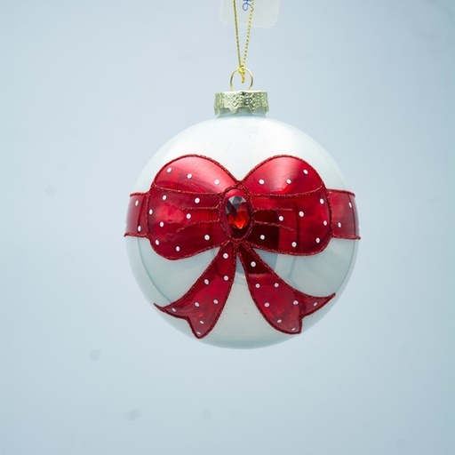 [600-47476] BOLA DE CRISTAL, BLANCA CON LAZO ROJO, SET DE 4 PIEZAS, 10 CM