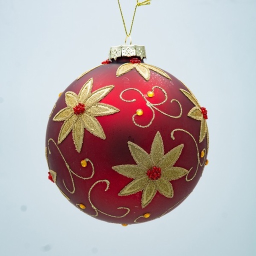 [600-47489] BOLA DE CRISTAL, ROJA CON FLOR DE POINSETTI DORADA, 12 CM